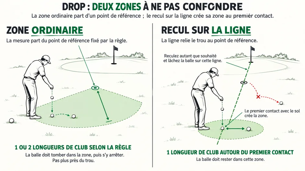 DROP : DEUX ZONES À NE PAS CONFONDRE POUR DROPPER UNE BALLE E GOLF. La zone ordinaire part d’un point de référence ; le recul sur la ligne crée sa zone au premier contact.