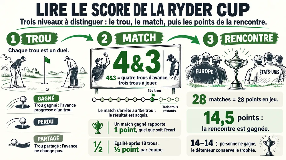 Lire le score de la ryder cup. Trois niveaux à distinguer : le trou, le match, puis les points de la rencontre.