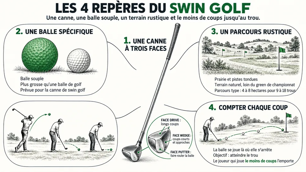 Les 4 repères du swin golf : une canne, une balle souple, un terrain rustique et le moins de coups jusqu’au trou