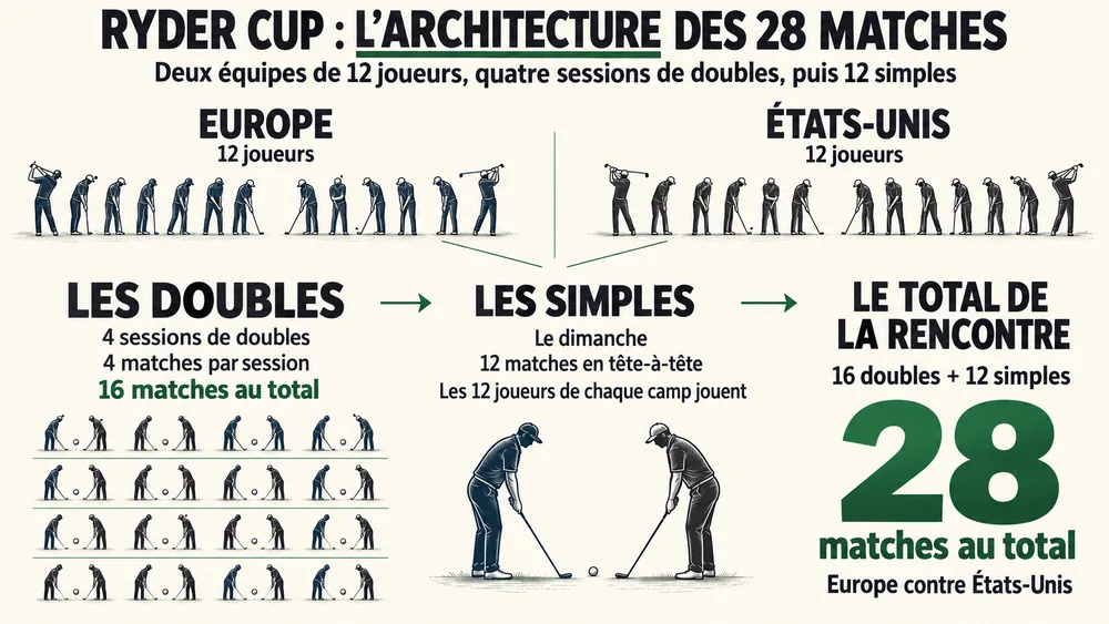 Ryder cup : l’architecture des 28 matches. Deux équipes de 12 joueurs, quatre sessions de doubles, puis 12 simples