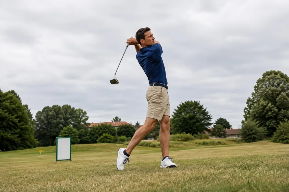 Swin golf : un joueur termine son geste avec une canne sur un parcours arboré.